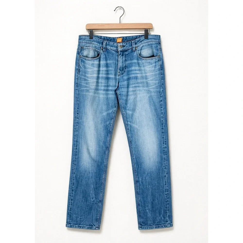 Hugo Boss Orange Mens Jeans 35x32 Blue Straight‎ Slim Medium Wash Denim